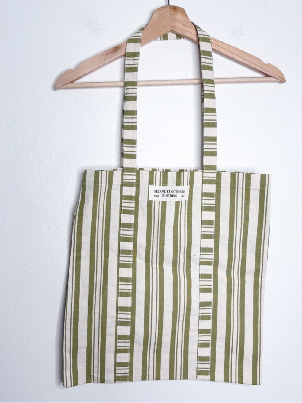 Sezane Green Striped Tote Bag EUC